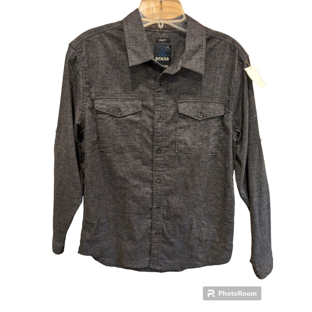 prAna Mens Small -slim Fit Long‎ Sleeve Grey  Buttons Hemp/Recycled Poly